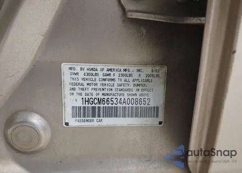 2004 Honda Accord 3.0 Ex from USA, damaged, VIN 1HGCM66534A008652